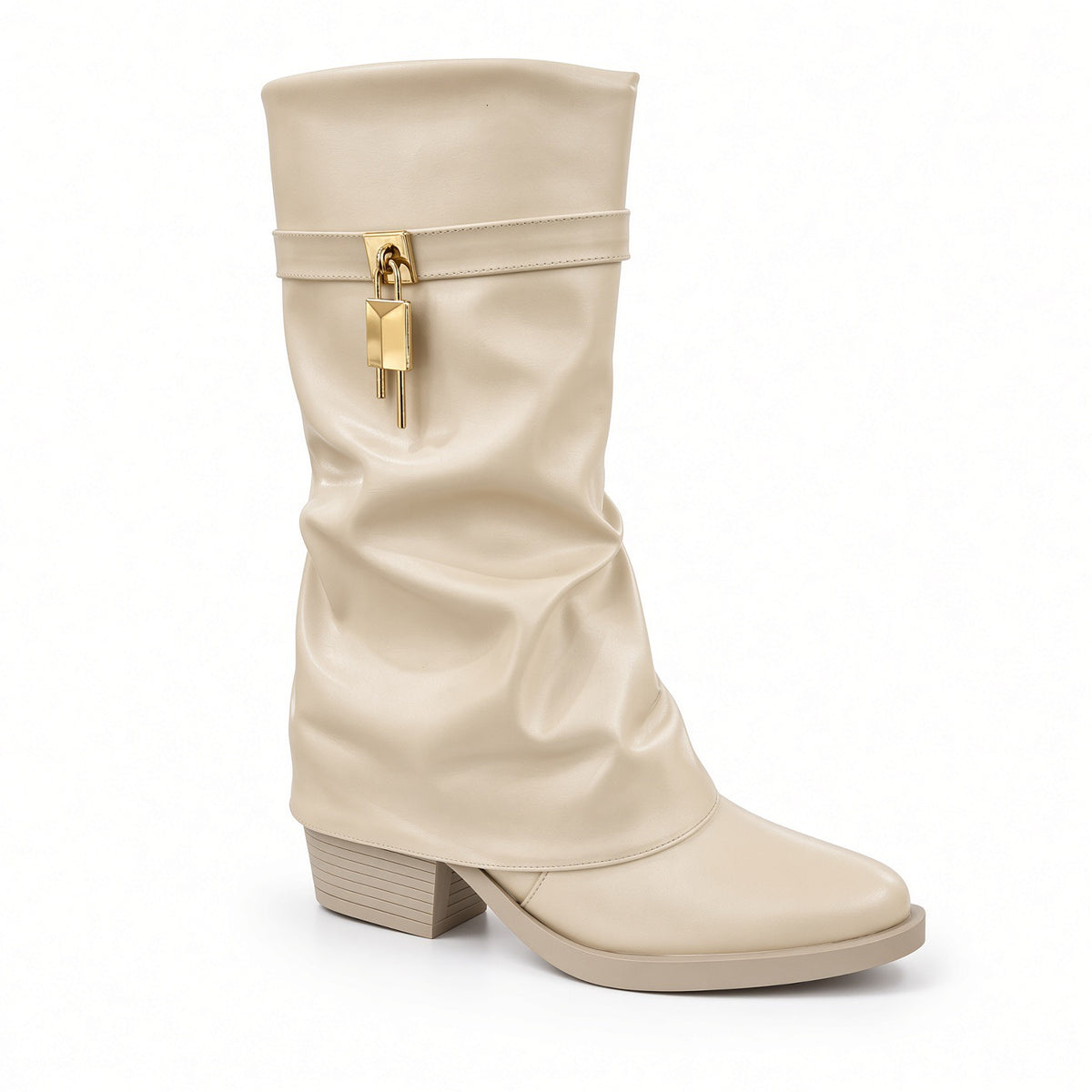 Gold Padlock Slouchy Block-Heel Boots Bo-88