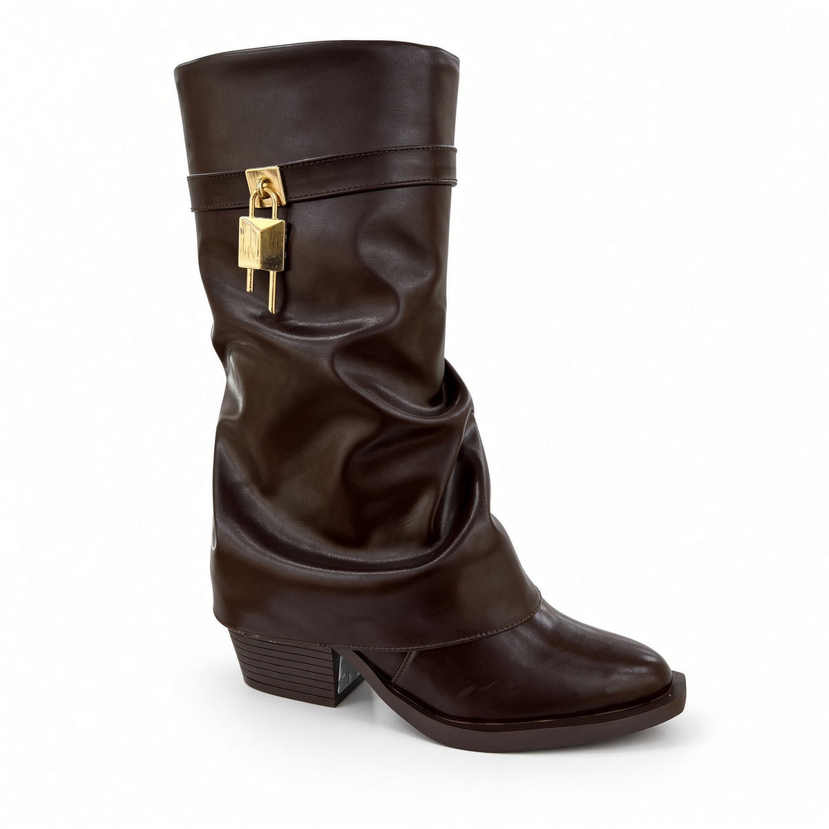 Gold Padlock Slouchy Block-Heel Boots Bo-88