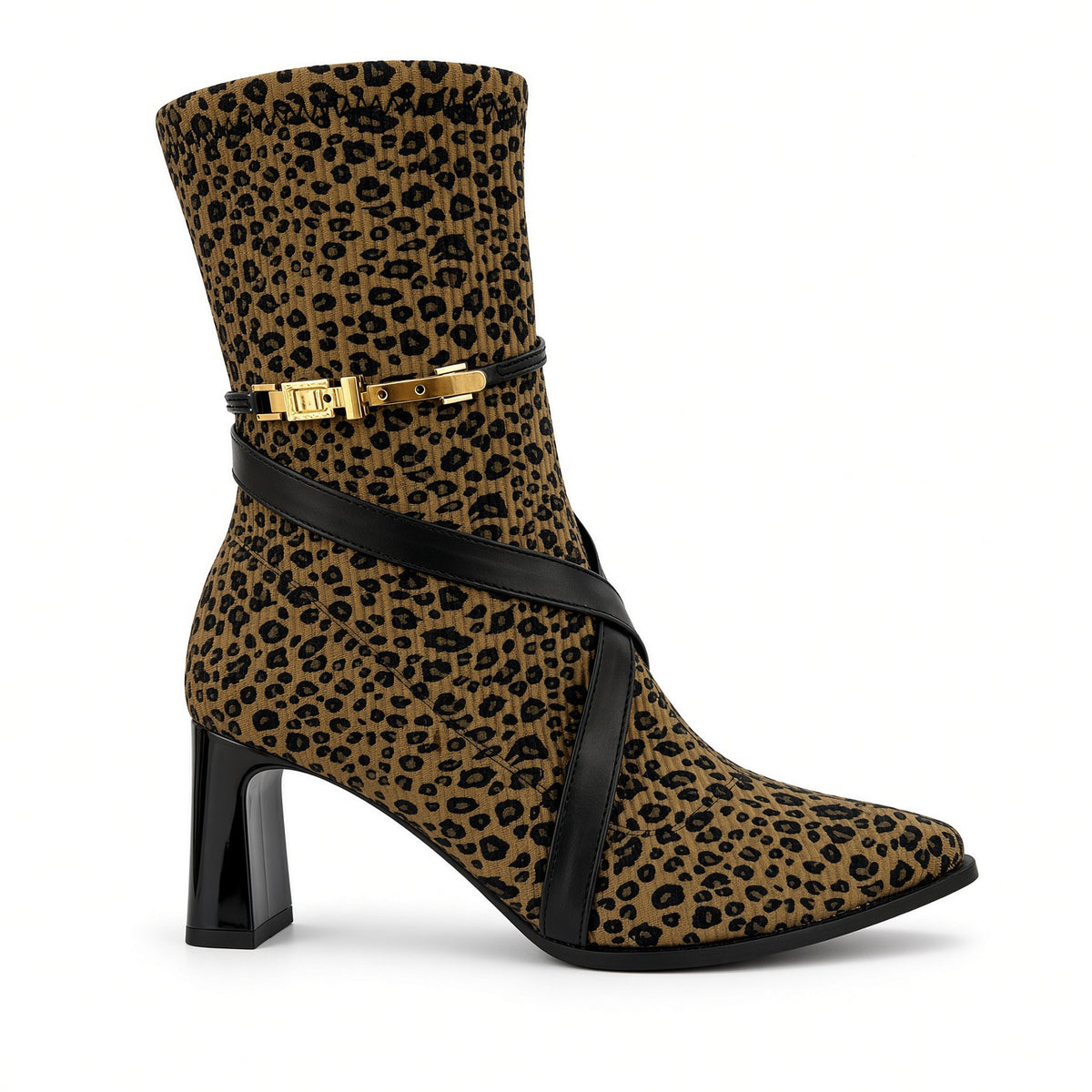 Cross-Strap Gold-Detail Heeled Sock Boots BO-87