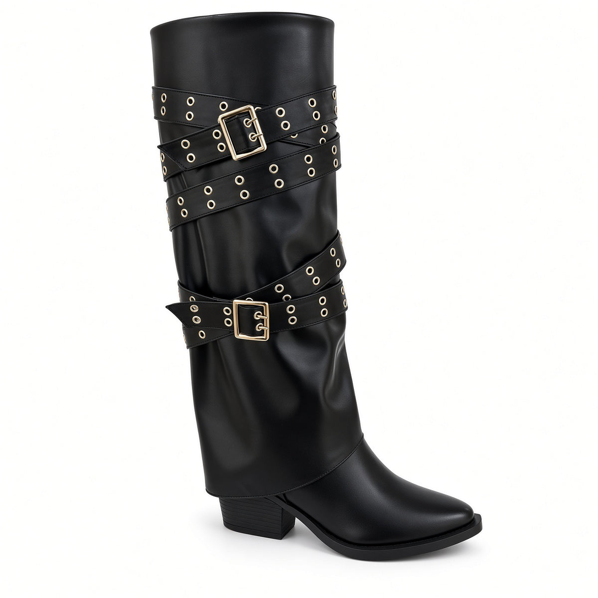 Eyelet Double-Buckle Knee-High Boots BO-85