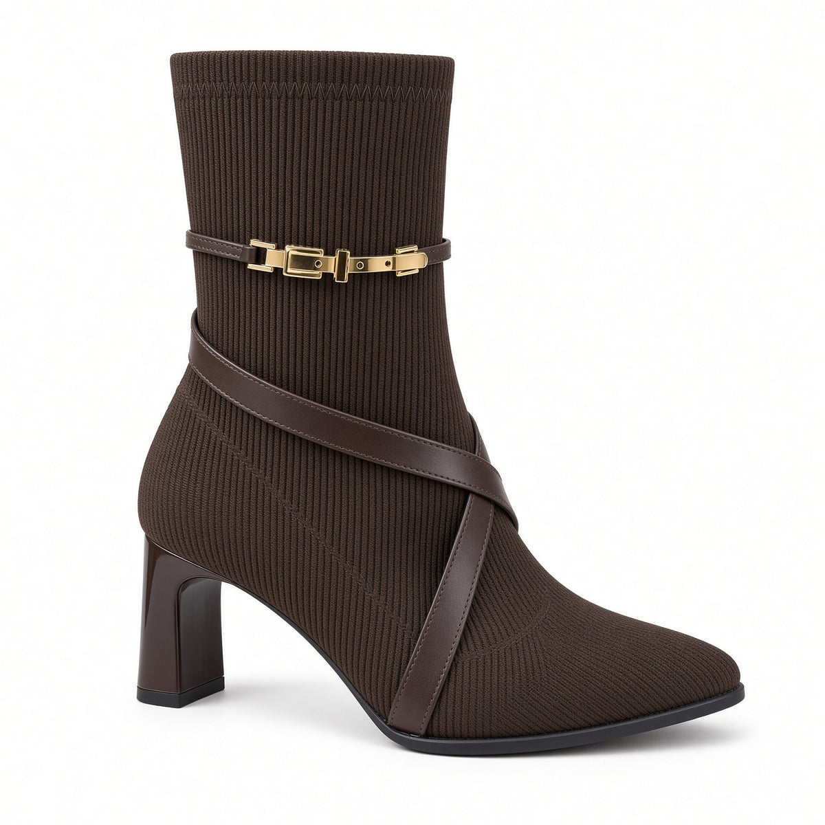Cross-Strap Gold-Detail Heeled Sock Boots BO-87