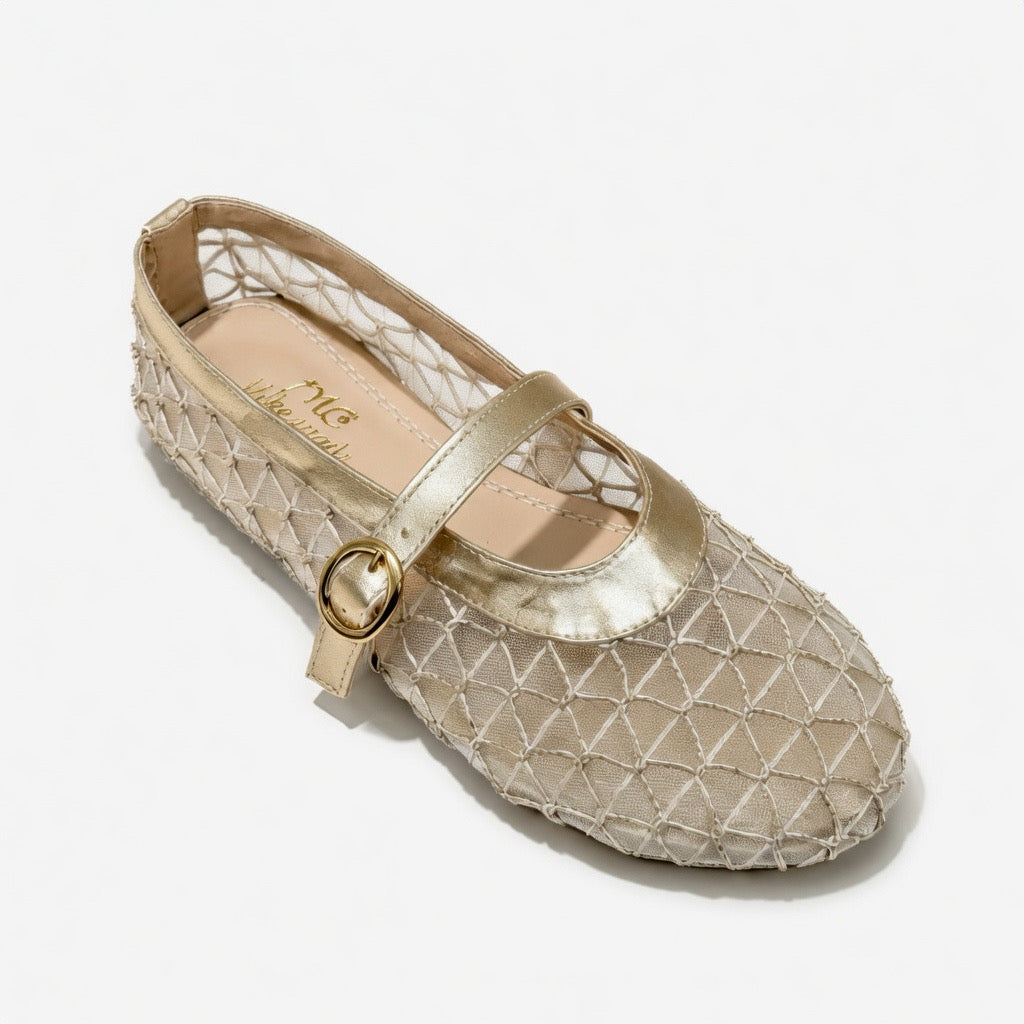 Geometric Mesh Mary Jane Flats B-54