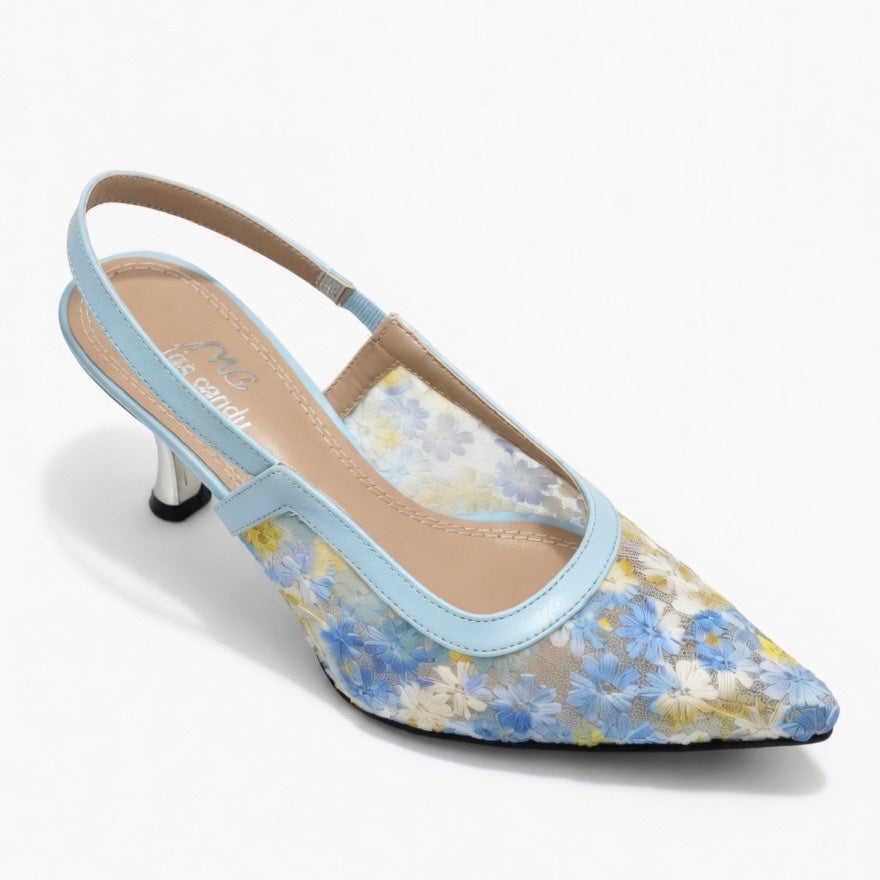 H-106  Floral Mesh Slingback Heels