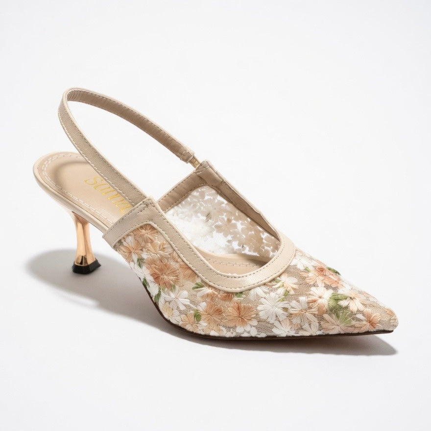 H-106  Floral Mesh Slingback Heels