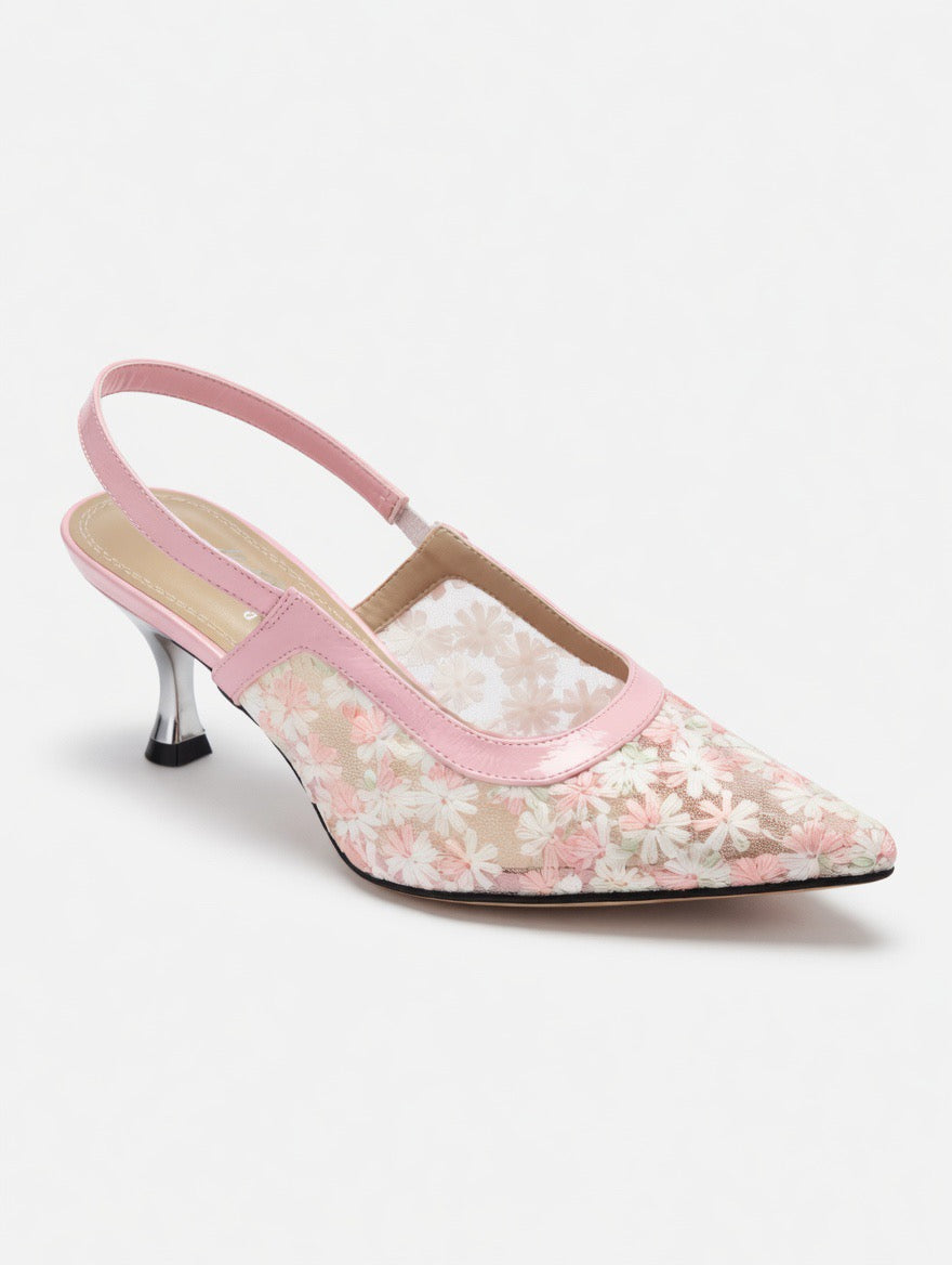 H-106  Floral Mesh Slingback Heels