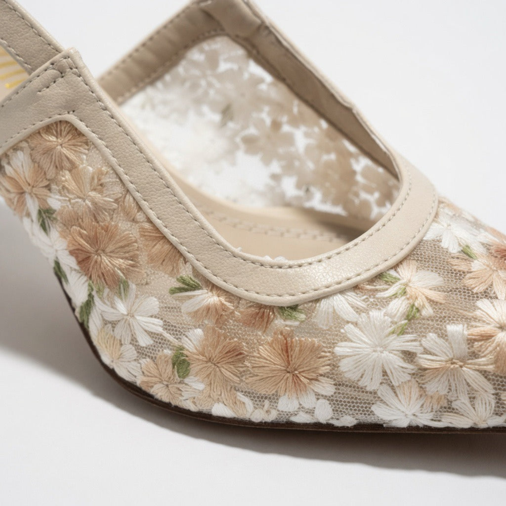H-106  Floral Mesh Slingback Heels