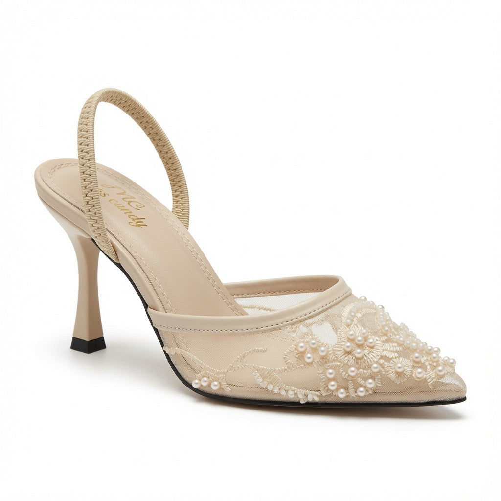 Pearl Embroidered Slingback Heels H-123