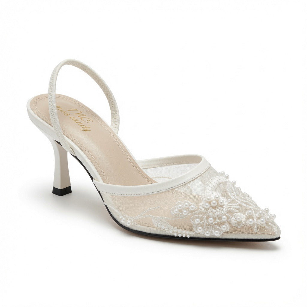 Pearl Embroidered Slingback Heels H-123