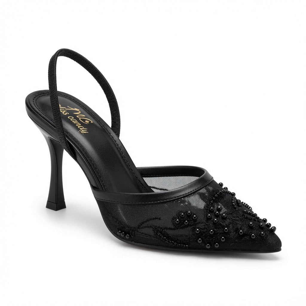 Pearl Embroidered Slingback Heels H-123