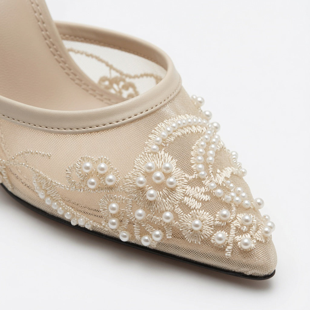 Pearl Embroidered Slingback Heels H-123