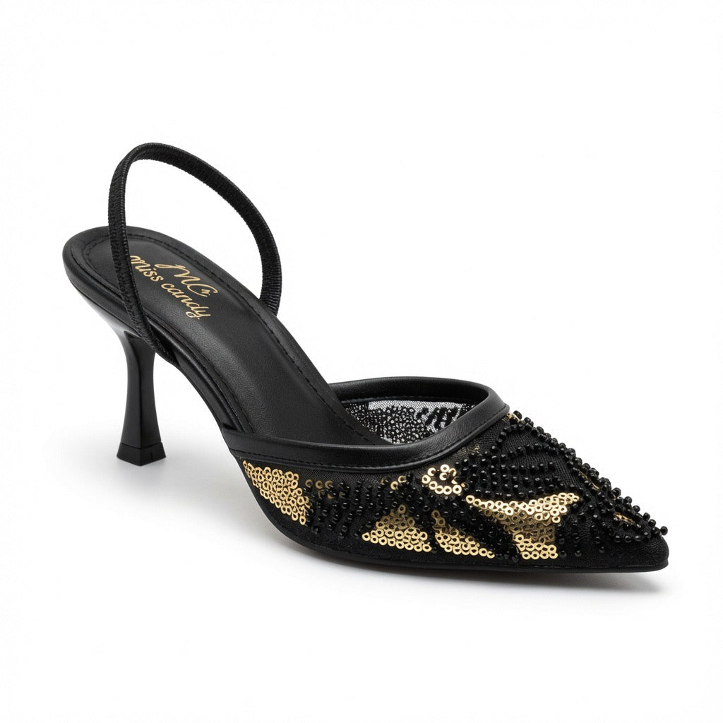 Pearl & Sequin Embroidered Slingback Heels H-122
