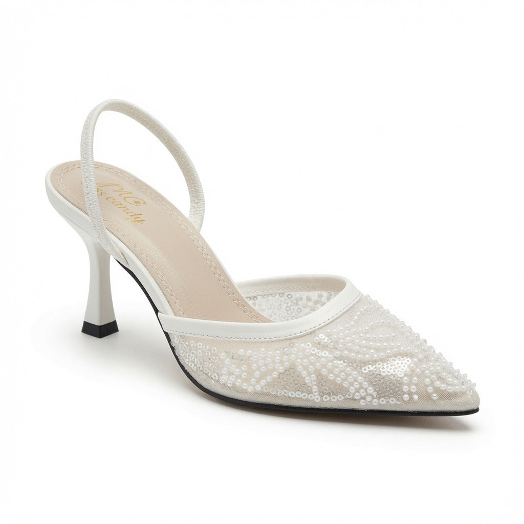 Pearl & Sequin Embroidered Slingback Heels H-122