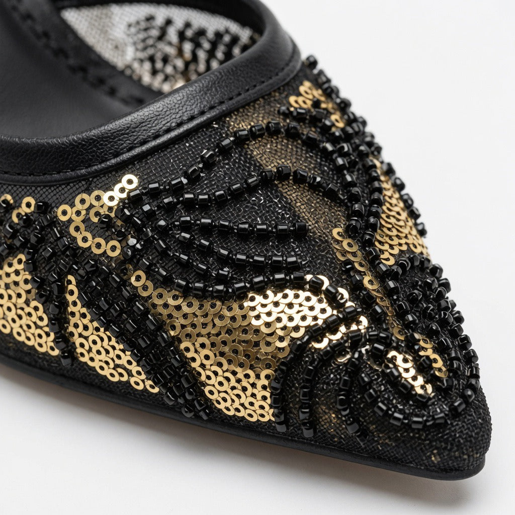 Pearl & Sequin Embroidered Slingback Heels H-122