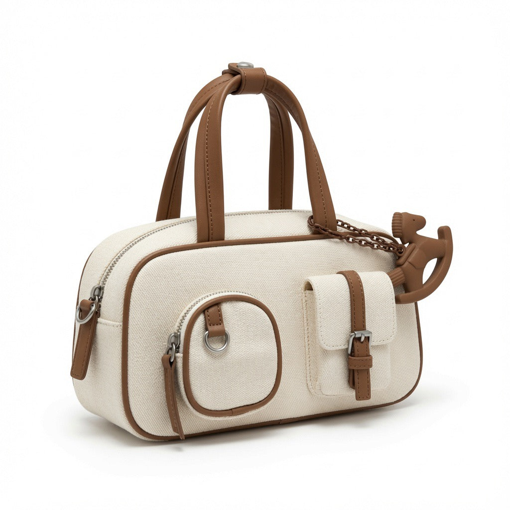 Utility Canvas Multi-Pocket Handbag – Ivory & Tan BA-548