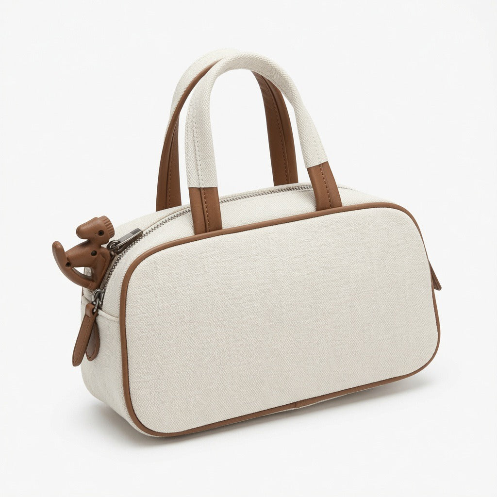 Utility Canvas Multi-Pocket Handbag – Ivory & Tan BA-548