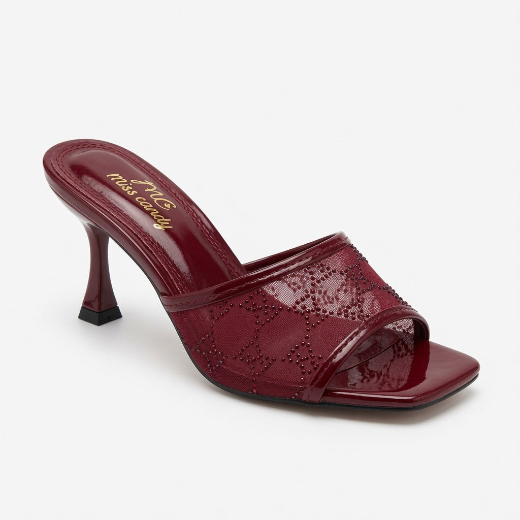 Rhinestone Mesh Flared Heel Mules h-131