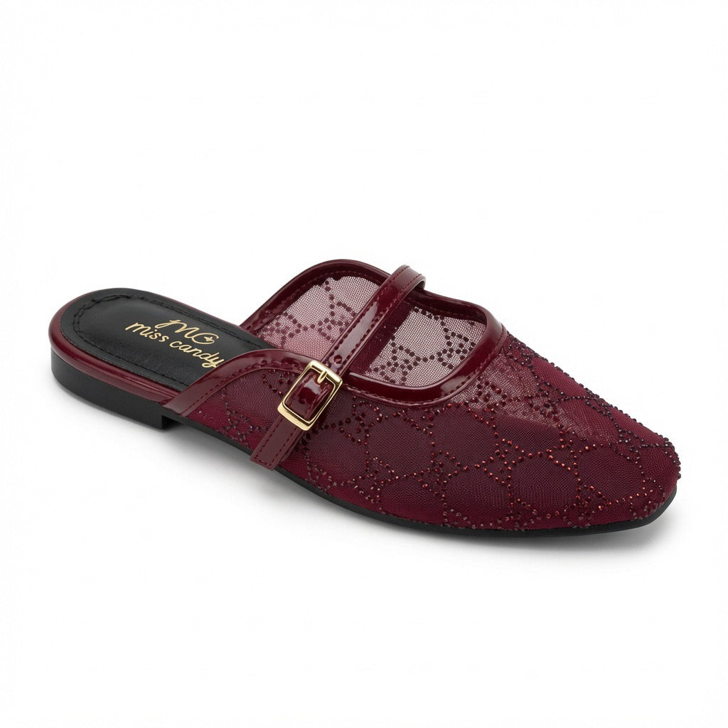 Rhinestone Mesh Buckle Mules c-28