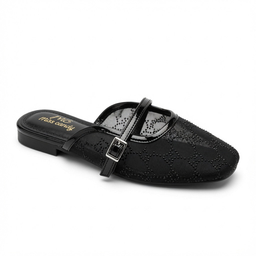 Rhinestone Mesh Buckle Mules c-28