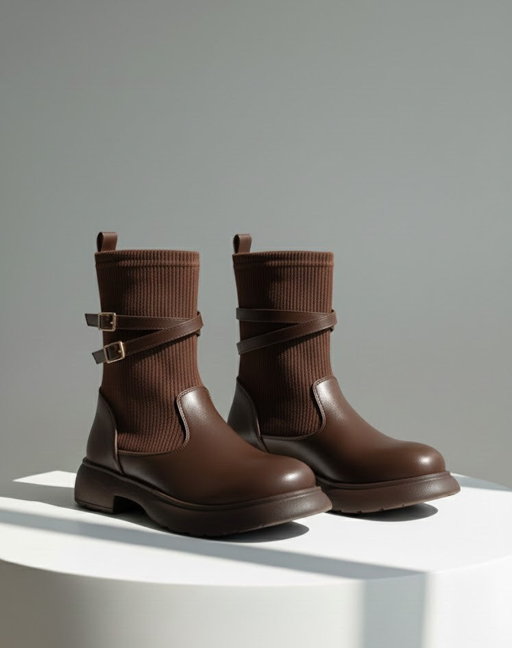 Pair of brown boots with strap details on a light gray background